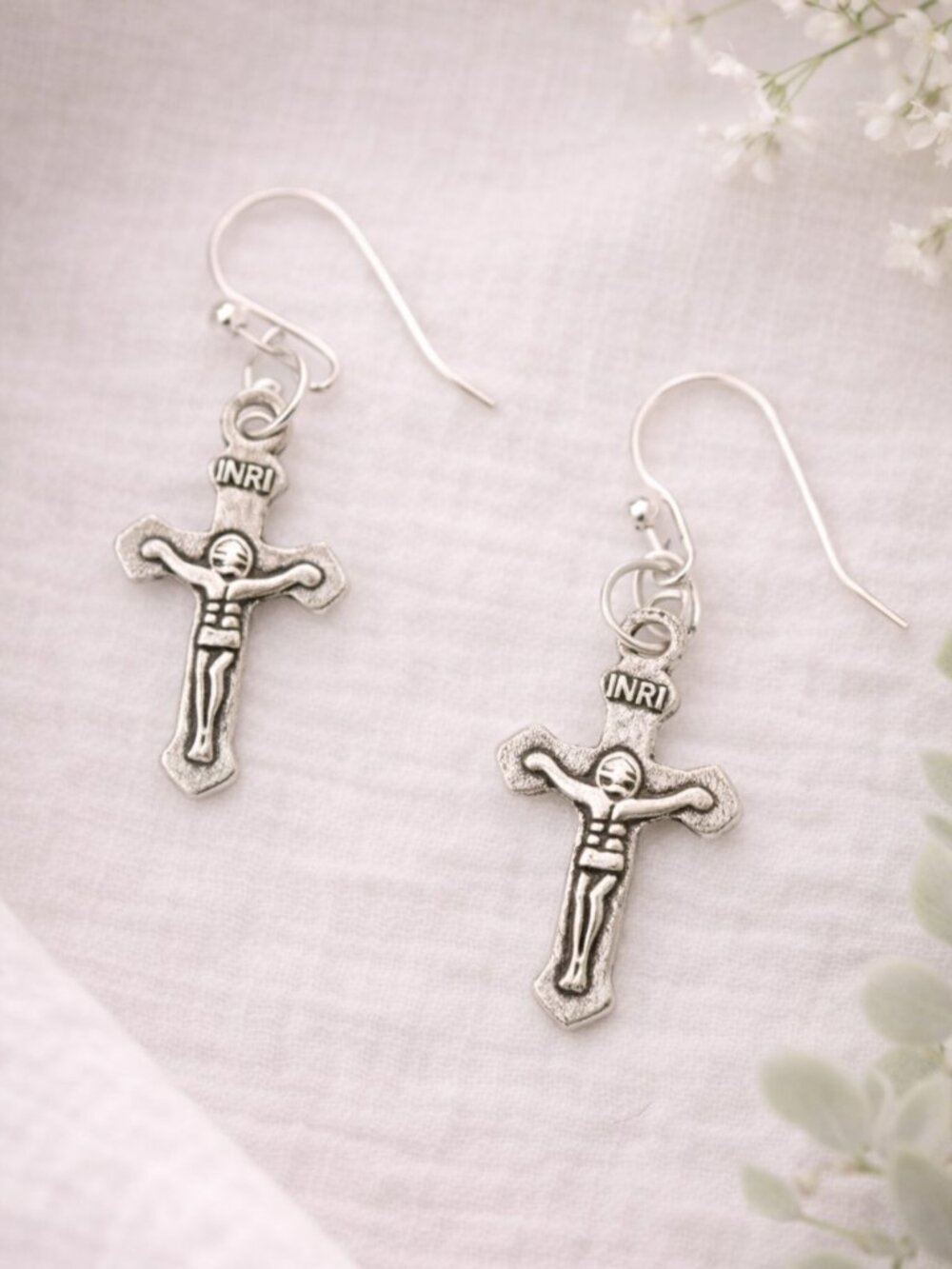 Antiqued Silver Crucifix Cross Dangle Earrings